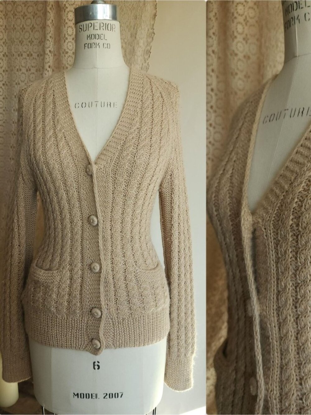 Vintage 1970s Sweater, Norm Thompson Alpaca Wool Cable Knit Beige Cardigan